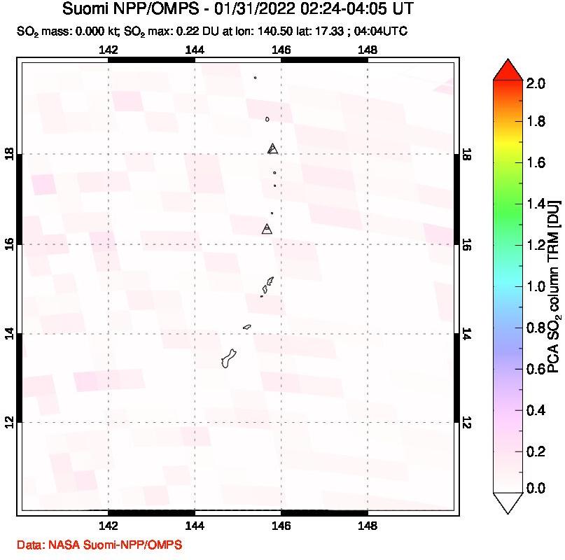 A sulfur dioxide image over Anatahan, Mariana Islands on Jan 31, 2022.