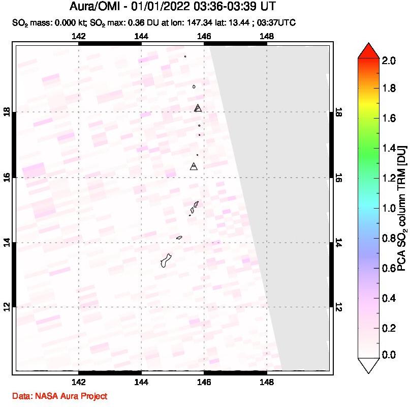 A sulfur dioxide image over Anatahan, Mariana Islands on Jan 01, 2022.