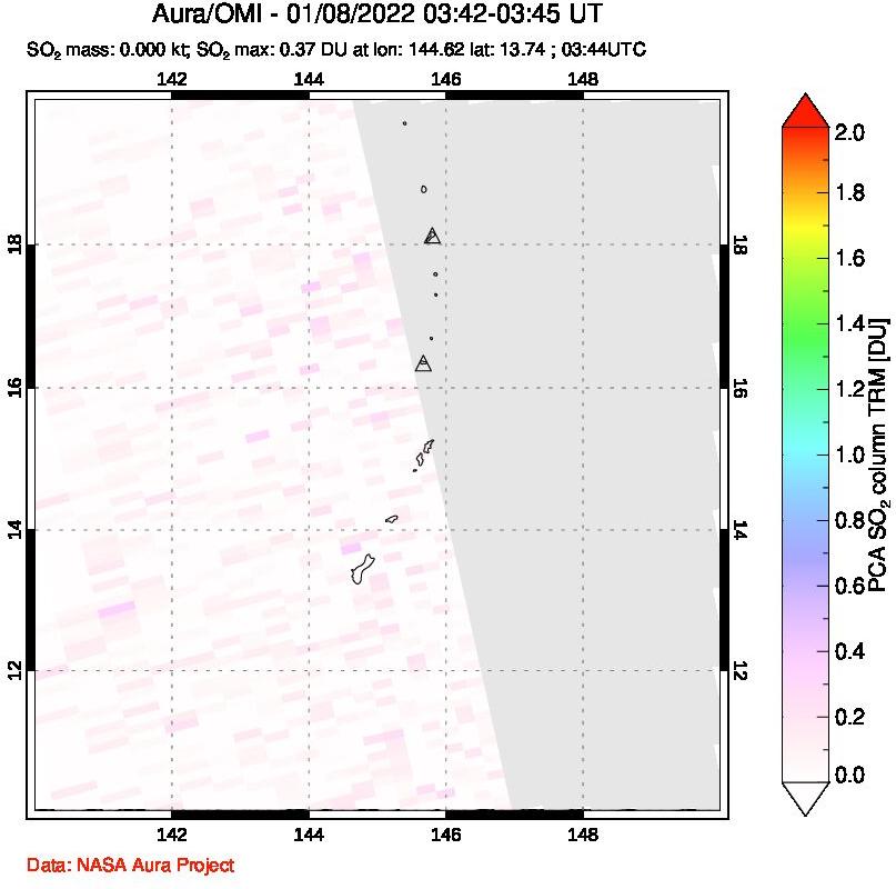 A sulfur dioxide image over Anatahan, Mariana Islands on Jan 08, 2022.