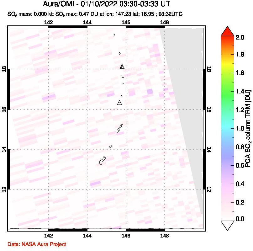 A sulfur dioxide image over Anatahan, Mariana Islands on Jan 10, 2022.