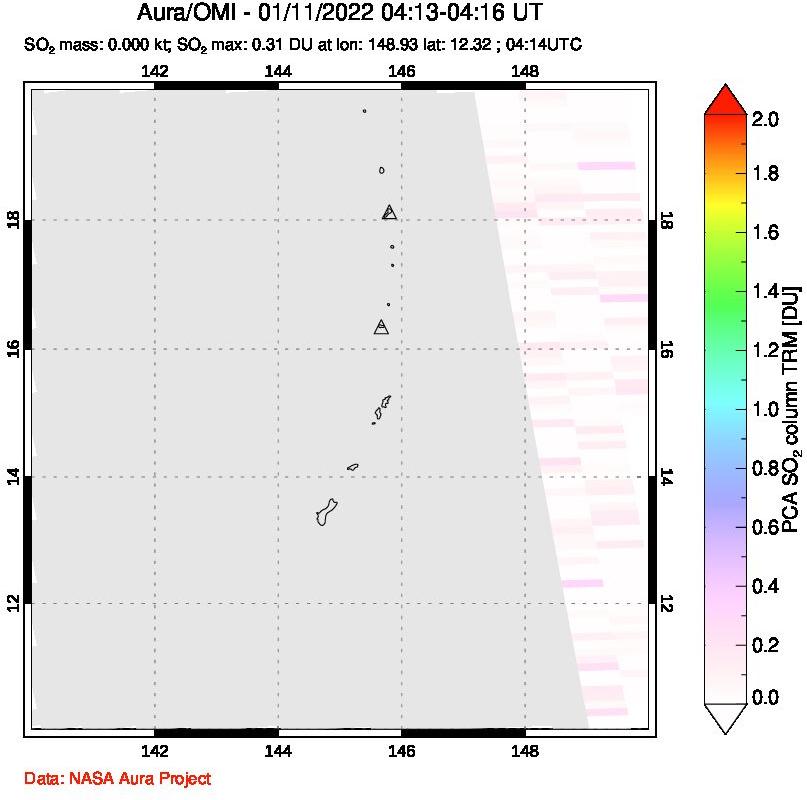 A sulfur dioxide image over Anatahan, Mariana Islands on Jan 11, 2022.