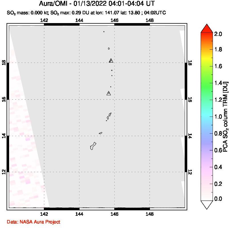 A sulfur dioxide image over Anatahan, Mariana Islands on Jan 13, 2022.