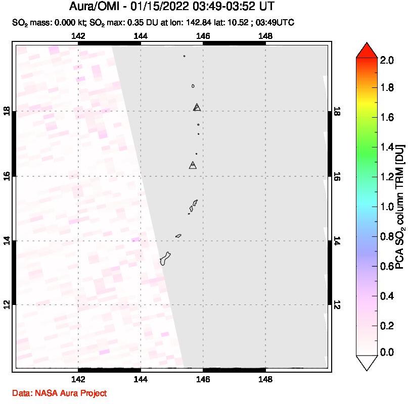 A sulfur dioxide image over Anatahan, Mariana Islands on Jan 15, 2022.