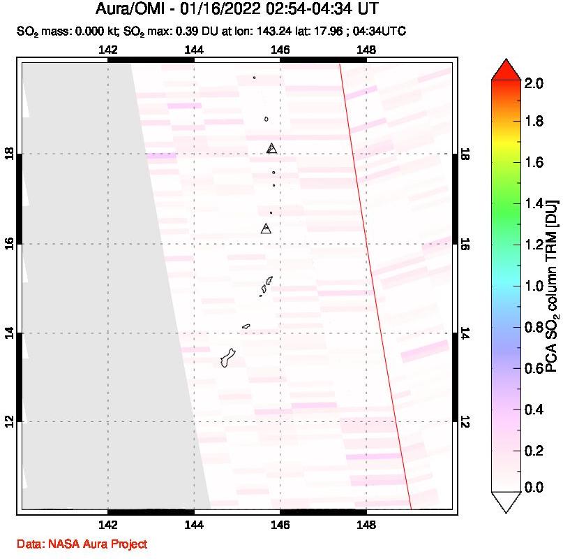 A sulfur dioxide image over Anatahan, Mariana Islands on Jan 16, 2022.