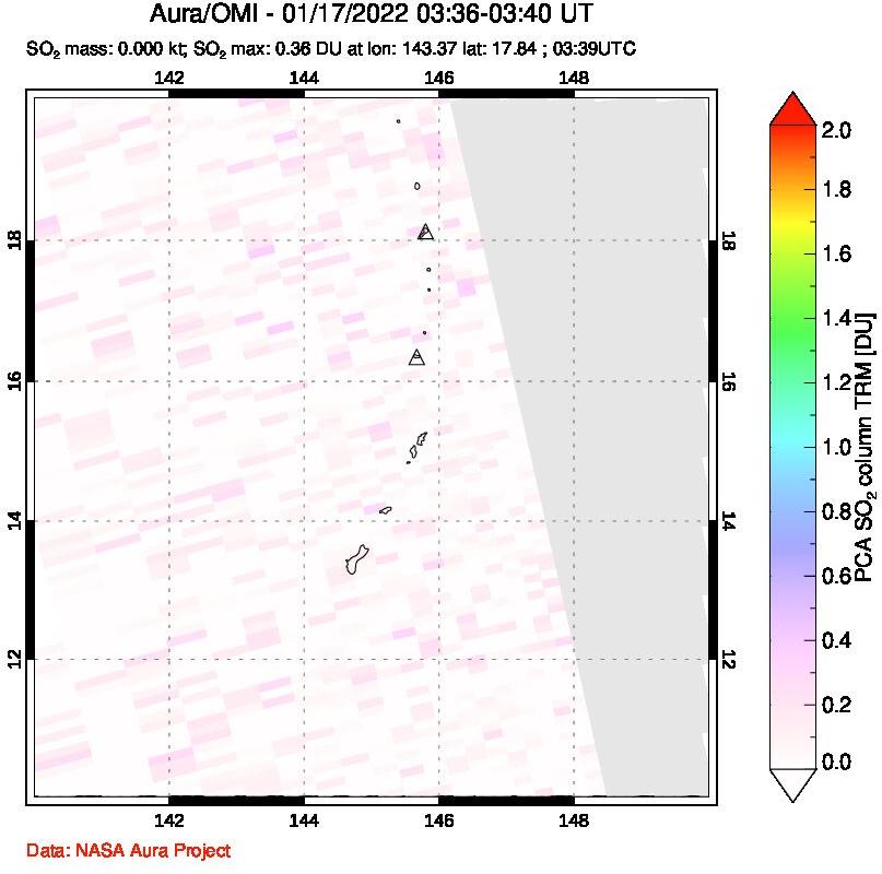 A sulfur dioxide image over Anatahan, Mariana Islands on Jan 17, 2022.