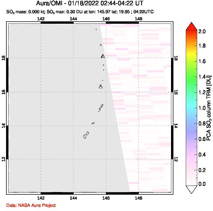 A sulfur dioxide image over Anatahan, Mariana Islands on Jan 18, 2022.