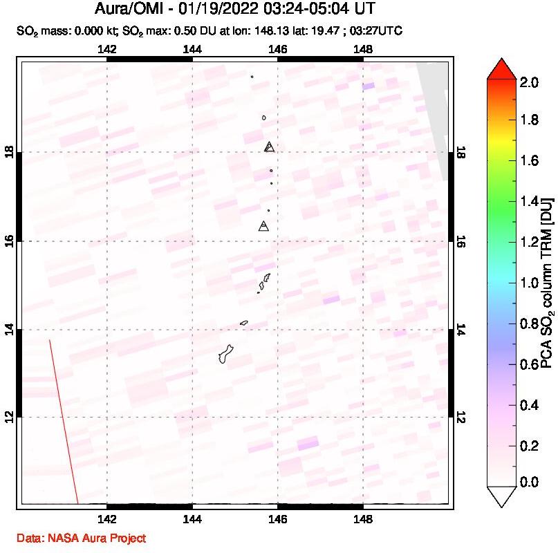 A sulfur dioxide image over Anatahan, Mariana Islands on Jan 19, 2022.