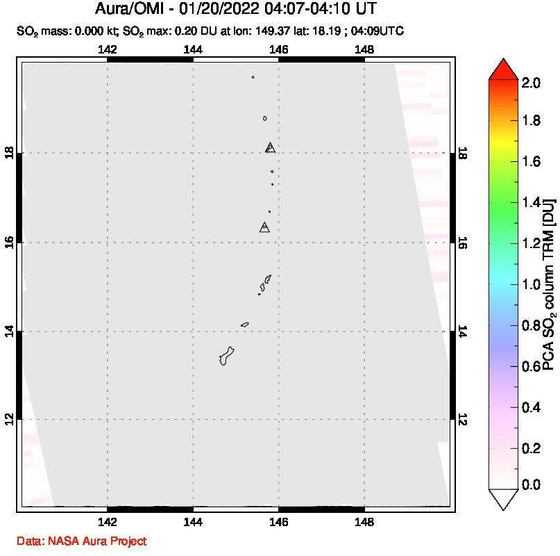 A sulfur dioxide image over Anatahan, Mariana Islands on Jan 20, 2022.