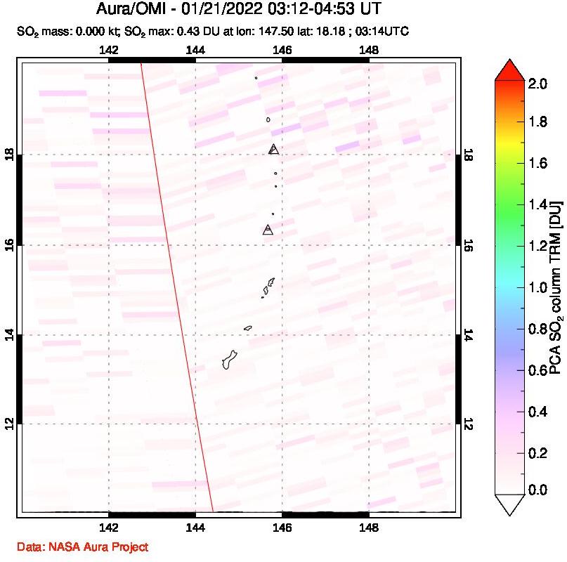 A sulfur dioxide image over Anatahan, Mariana Islands on Jan 21, 2022.