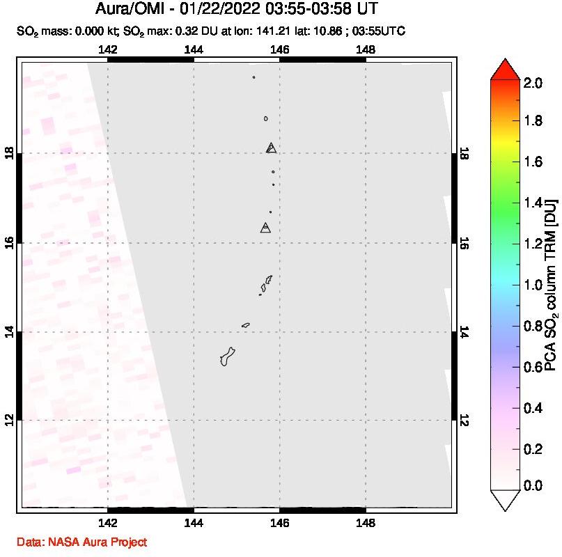 A sulfur dioxide image over Anatahan, Mariana Islands on Jan 22, 2022.