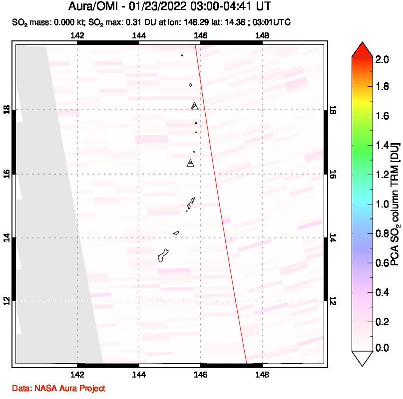 A sulfur dioxide image over Anatahan, Mariana Islands on Jan 23, 2022.