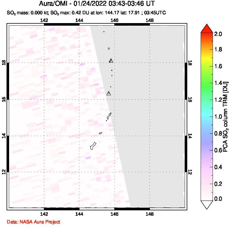 A sulfur dioxide image over Anatahan, Mariana Islands on Jan 24, 2022.