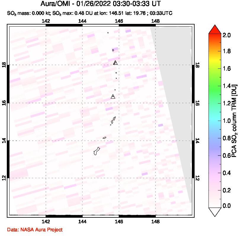 A sulfur dioxide image over Anatahan, Mariana Islands on Jan 26, 2022.