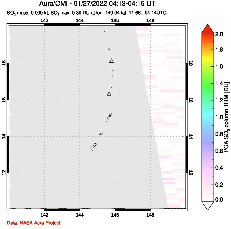 A sulfur dioxide image over Anatahan, Mariana Islands on Jan 27, 2022.