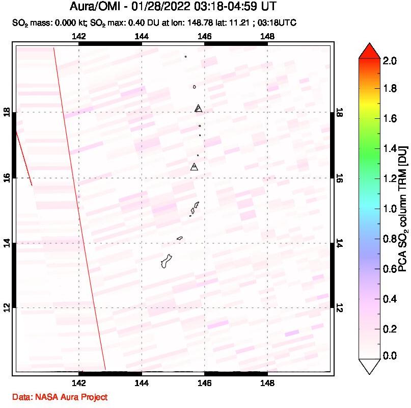 A sulfur dioxide image over Anatahan, Mariana Islands on Jan 28, 2022.