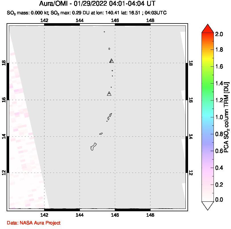 A sulfur dioxide image over Anatahan, Mariana Islands on Jan 29, 2022.