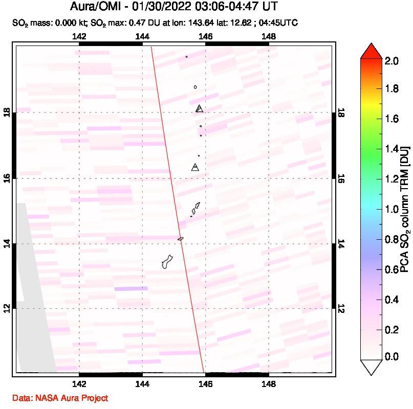 A sulfur dioxide image over Anatahan, Mariana Islands on Jan 30, 2022.