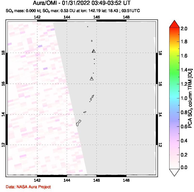 A sulfur dioxide image over Anatahan, Mariana Islands on Jan 31, 2022.