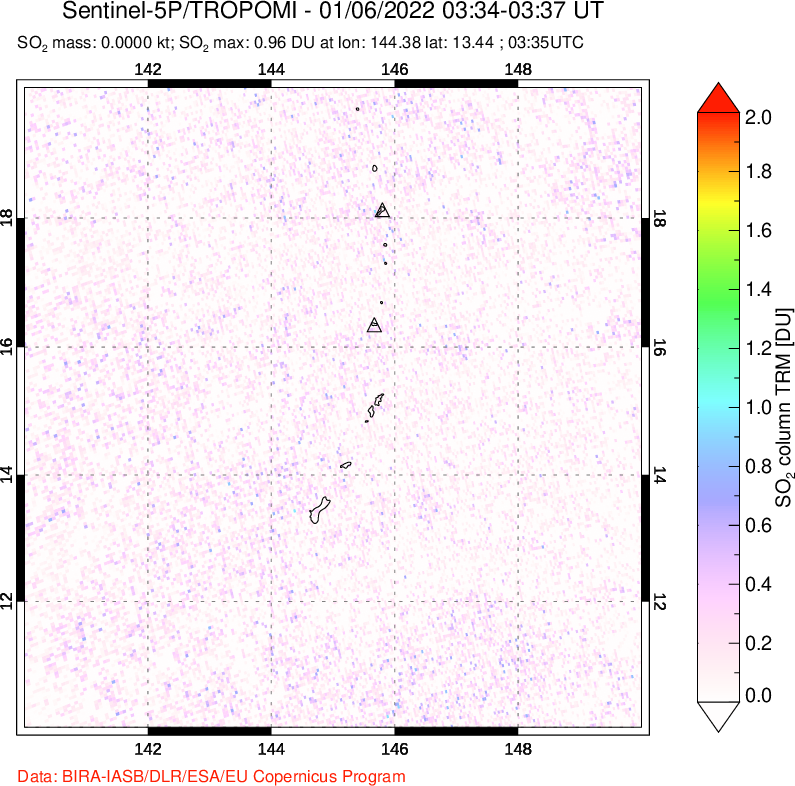 A sulfur dioxide image over Anatahan, Mariana Islands on Jan 06, 2022.