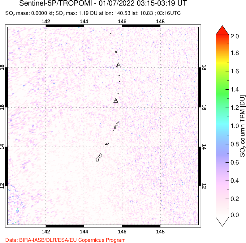 A sulfur dioxide image over Anatahan, Mariana Islands on Jan 07, 2022.