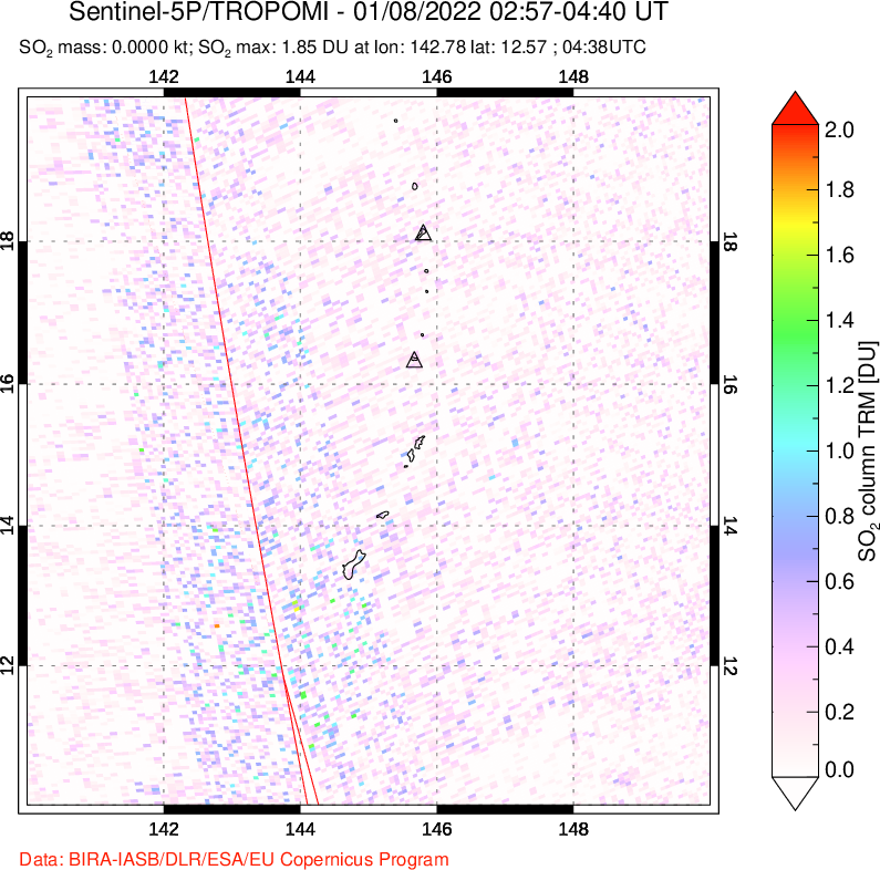 A sulfur dioxide image over Anatahan, Mariana Islands on Jan 08, 2022.