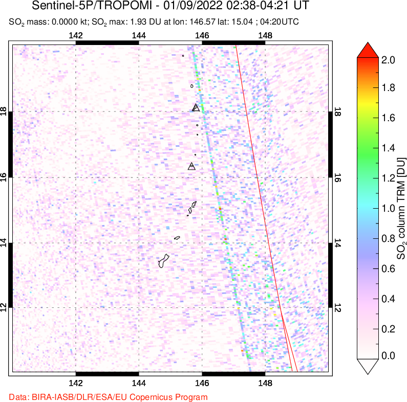 A sulfur dioxide image over Anatahan, Mariana Islands on Jan 09, 2022.