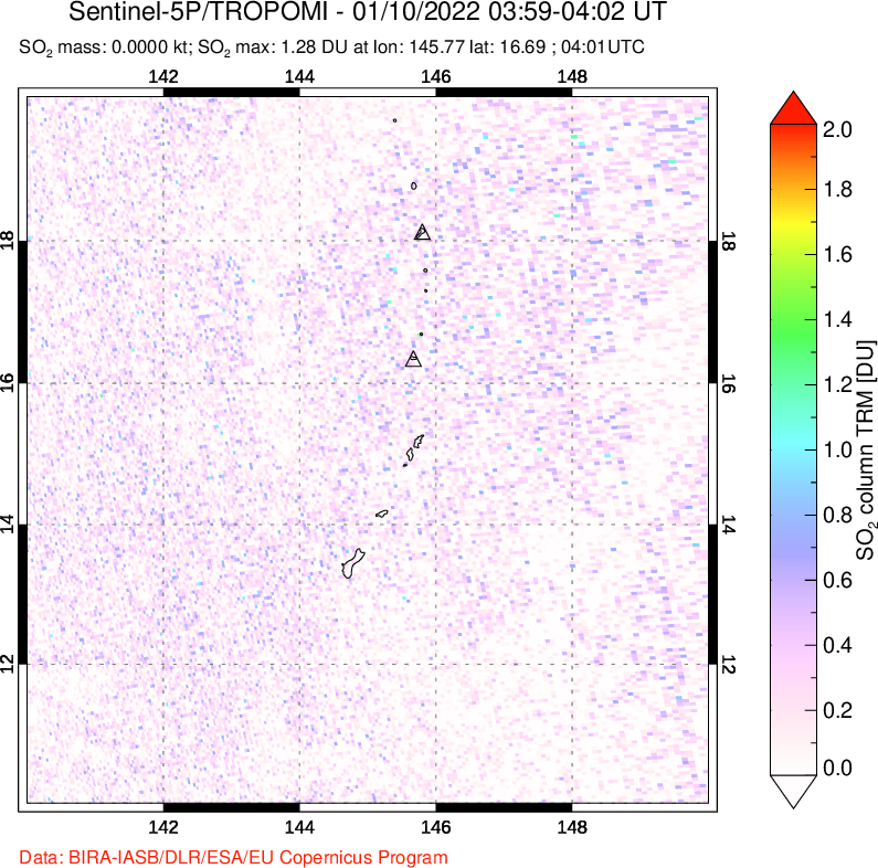 A sulfur dioxide image over Anatahan, Mariana Islands on Jan 10, 2022.