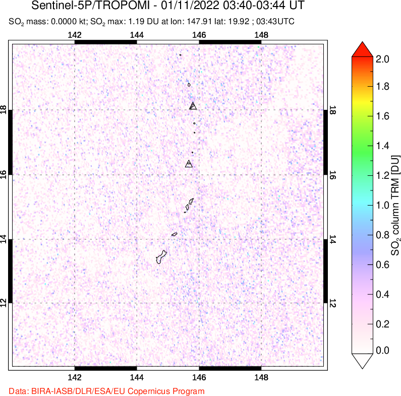 A sulfur dioxide image over Anatahan, Mariana Islands on Jan 11, 2022.