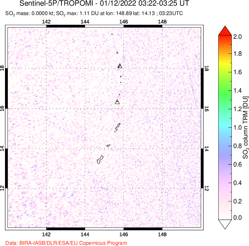 A sulfur dioxide image over Anatahan, Mariana Islands on Jan 12, 2022.