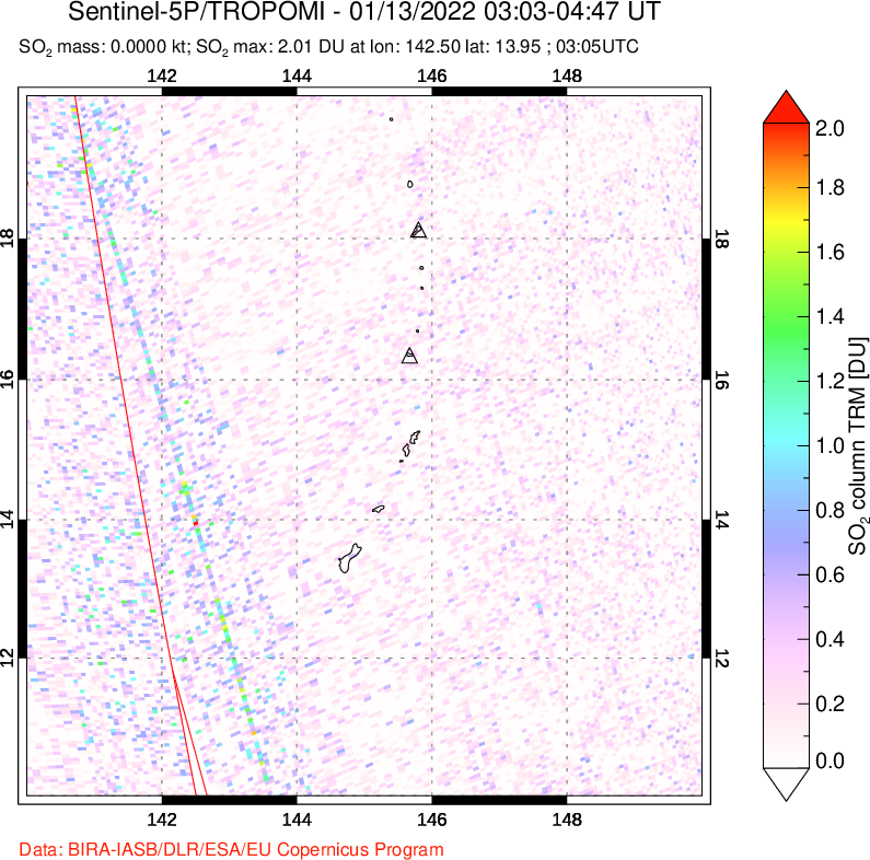 A sulfur dioxide image over Anatahan, Mariana Islands on Jan 13, 2022.