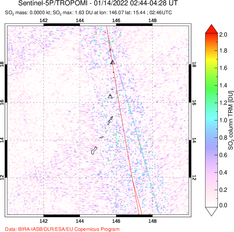 A sulfur dioxide image over Anatahan, Mariana Islands on Jan 14, 2022.