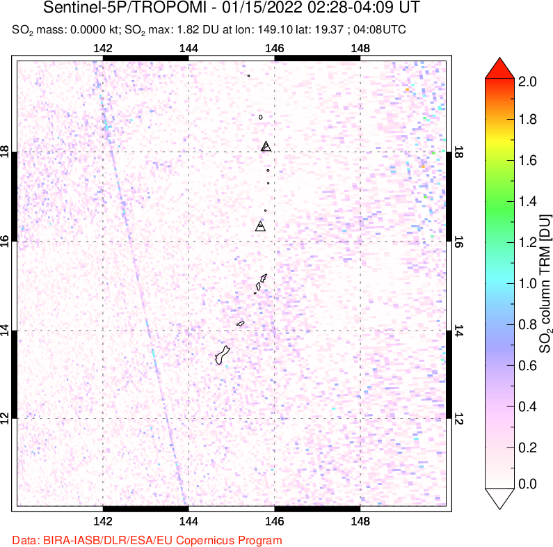 A sulfur dioxide image over Anatahan, Mariana Islands on Jan 15, 2022.