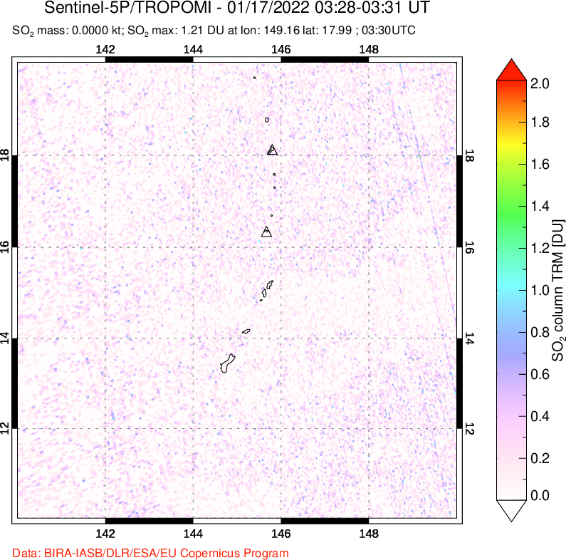 A sulfur dioxide image over Anatahan, Mariana Islands on Jan 17, 2022.