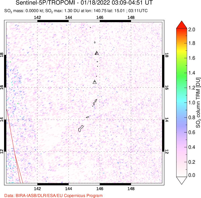 A sulfur dioxide image over Anatahan, Mariana Islands on Jan 18, 2022.