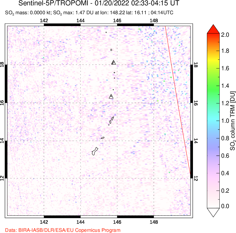 A sulfur dioxide image over Anatahan, Mariana Islands on Jan 20, 2022.