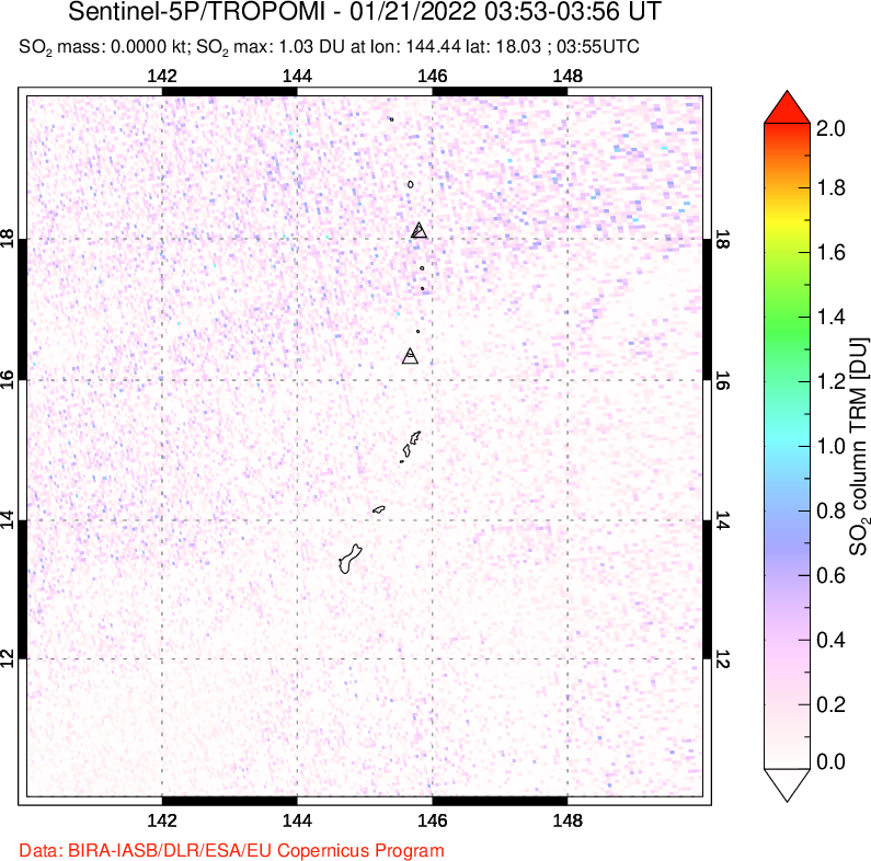 A sulfur dioxide image over Anatahan, Mariana Islands on Jan 21, 2022.