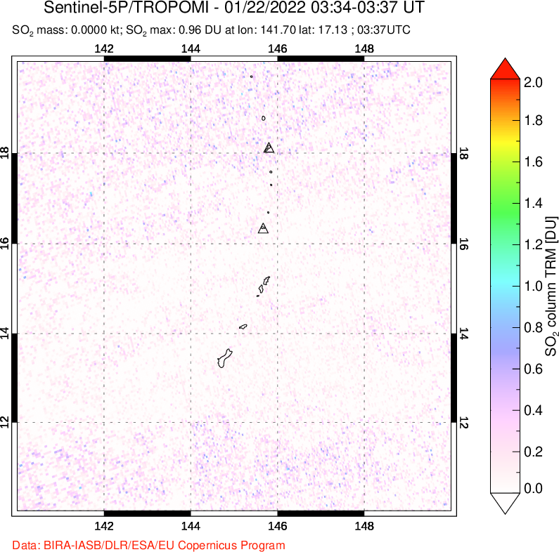 A sulfur dioxide image over Anatahan, Mariana Islands on Jan 22, 2022.