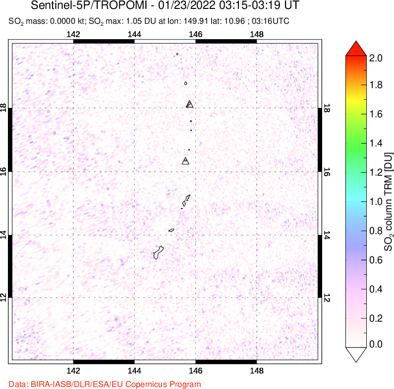 A sulfur dioxide image over Anatahan, Mariana Islands on Jan 23, 2022.