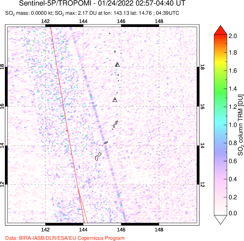 A sulfur dioxide image over Anatahan, Mariana Islands on Jan 24, 2022.