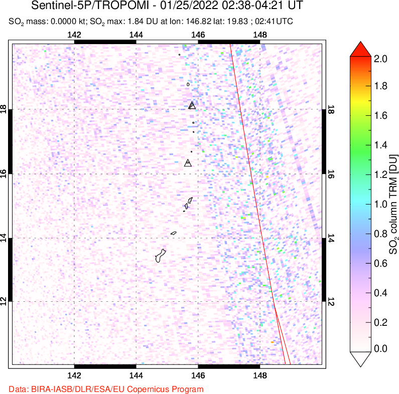 A sulfur dioxide image over Anatahan, Mariana Islands on Jan 25, 2022.