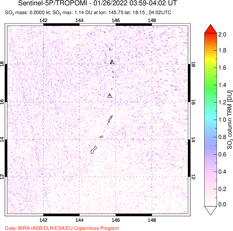 A sulfur dioxide image over Anatahan, Mariana Islands on Jan 26, 2022.