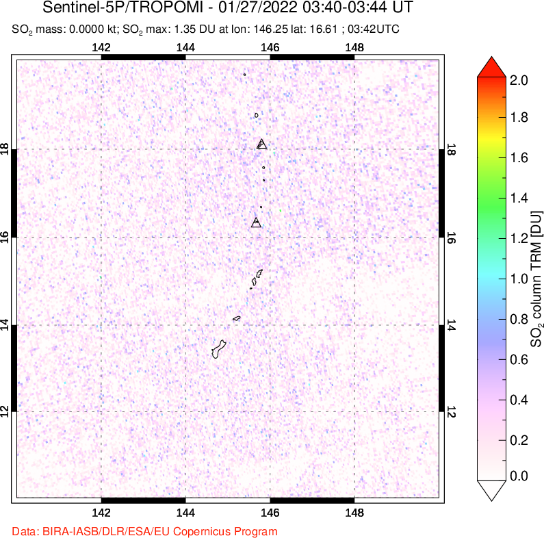 A sulfur dioxide image over Anatahan, Mariana Islands on Jan 27, 2022.