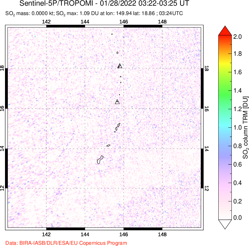 A sulfur dioxide image over Anatahan, Mariana Islands on Jan 28, 2022.