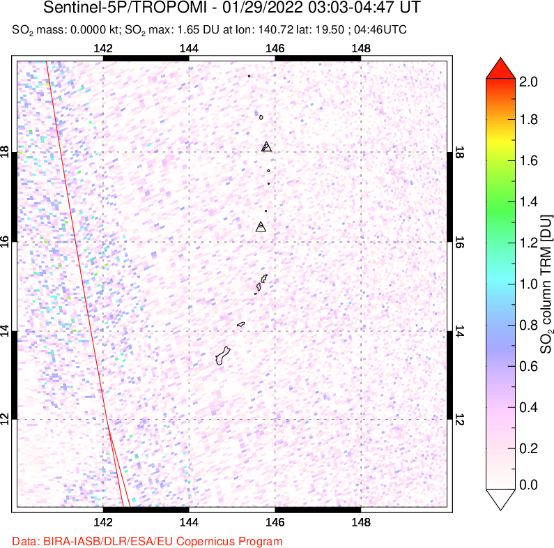 A sulfur dioxide image over Anatahan, Mariana Islands on Jan 29, 2022.