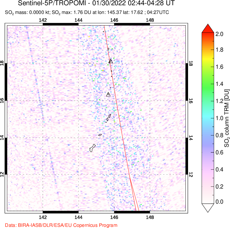 A sulfur dioxide image over Anatahan, Mariana Islands on Jan 30, 2022.