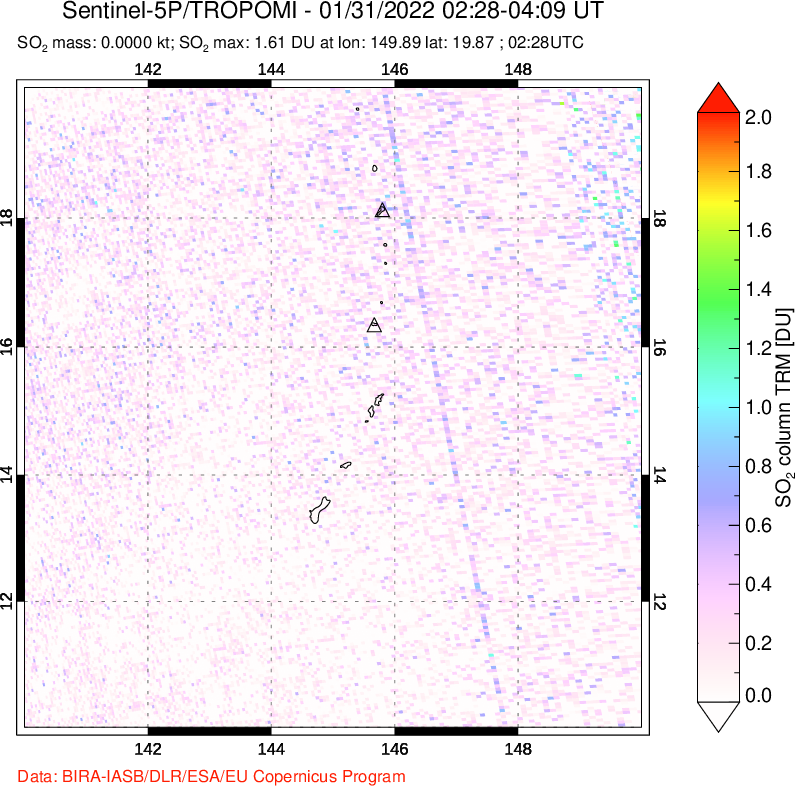 A sulfur dioxide image over Anatahan, Mariana Islands on Jan 31, 2022.