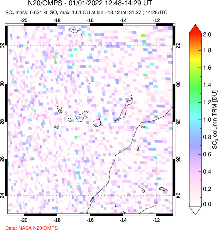 A sulfur dioxide image over Canary Islands on Jan 01, 2022.