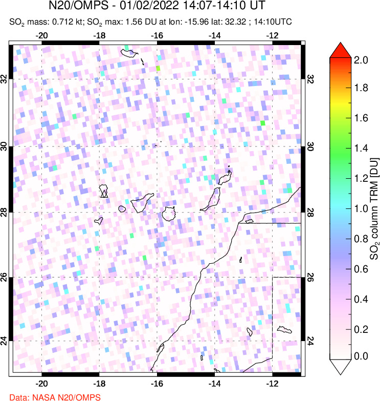 A sulfur dioxide image over Canary Islands on Jan 02, 2022.