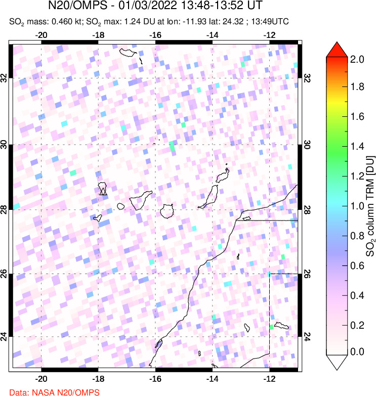 A sulfur dioxide image over Canary Islands on Jan 03, 2022.