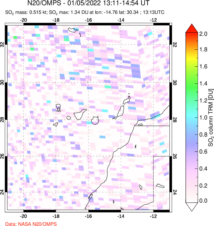 A sulfur dioxide image over Canary Islands on Jan 05, 2022.